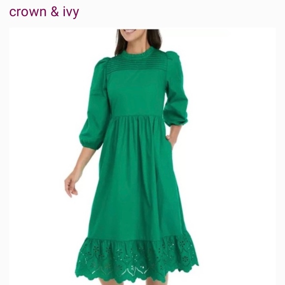 Crown & Ivy NWT green eyelet hem midi  dress Size 6 - Picture 10 of 12
